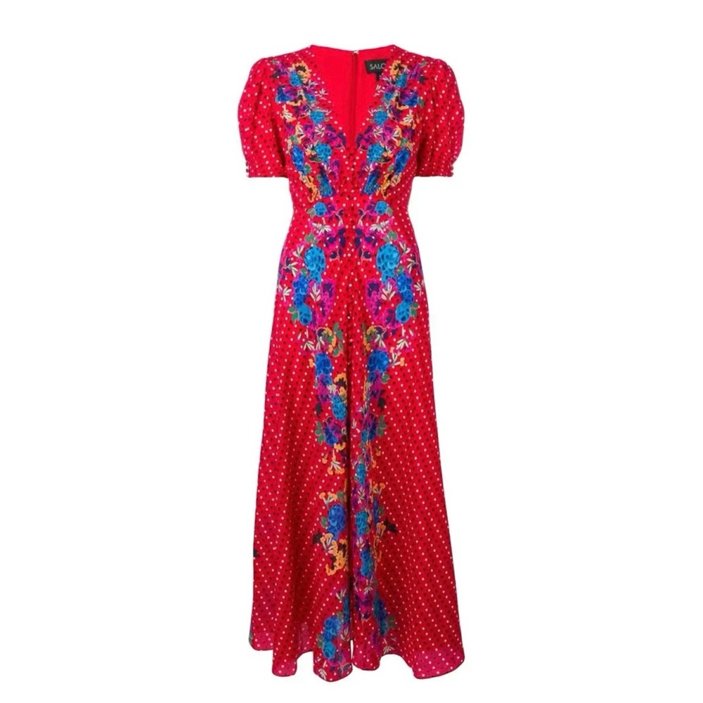 SALONI Stunning Red and Blue Floral Maxi Dress